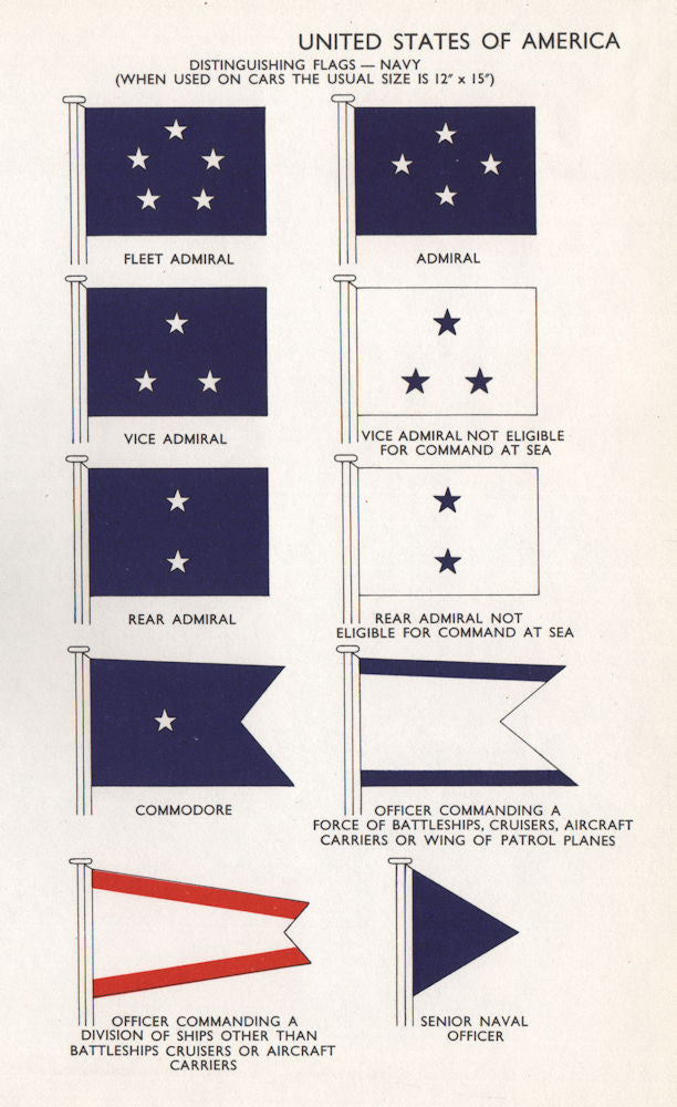 US NAVY FLAGS. Fleet Admiral. Admiral. Vice Admiral. Rear Admiral 1958 print